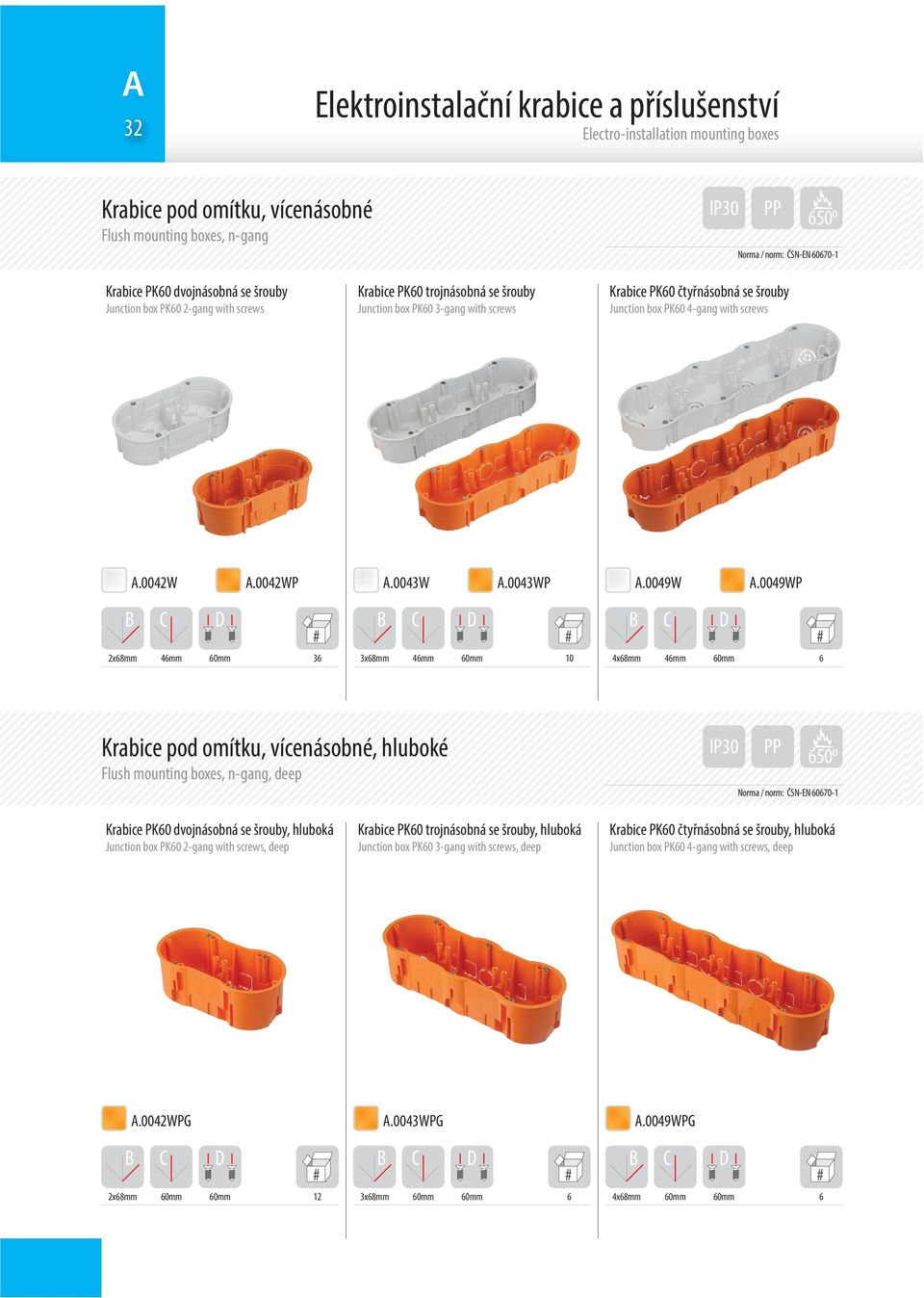 0049wp D 2x8mm 4mm 0mm 3 D 3x8mm 4mm 0mm 10 D 4x8mm 4mm 0mm Krabice pod omítku, vícenásobné, hluboké Flush mounting boxes, n-gang, deep IP30 Krabice PK0 dvojnásobná se šrouby, hluboká Junction