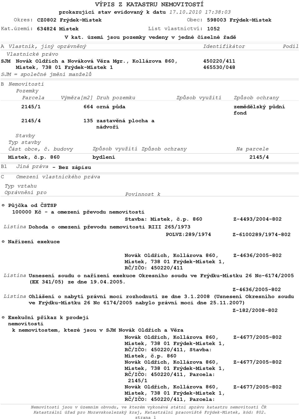 budovy Jiná práva Výměra[m2] Omezení vlastnického práva 664 135 - Bez zápisu Identifikátor 450220/411 Druh pozemku Způsob využití Způsob ochrany orná půda zastavěná plocha a nádvoří Způsob využití