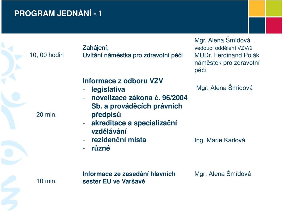 a prováděcích právních předpisů - akreditace a specializační vzdělávání - rezidenční místa - různé Mgr.