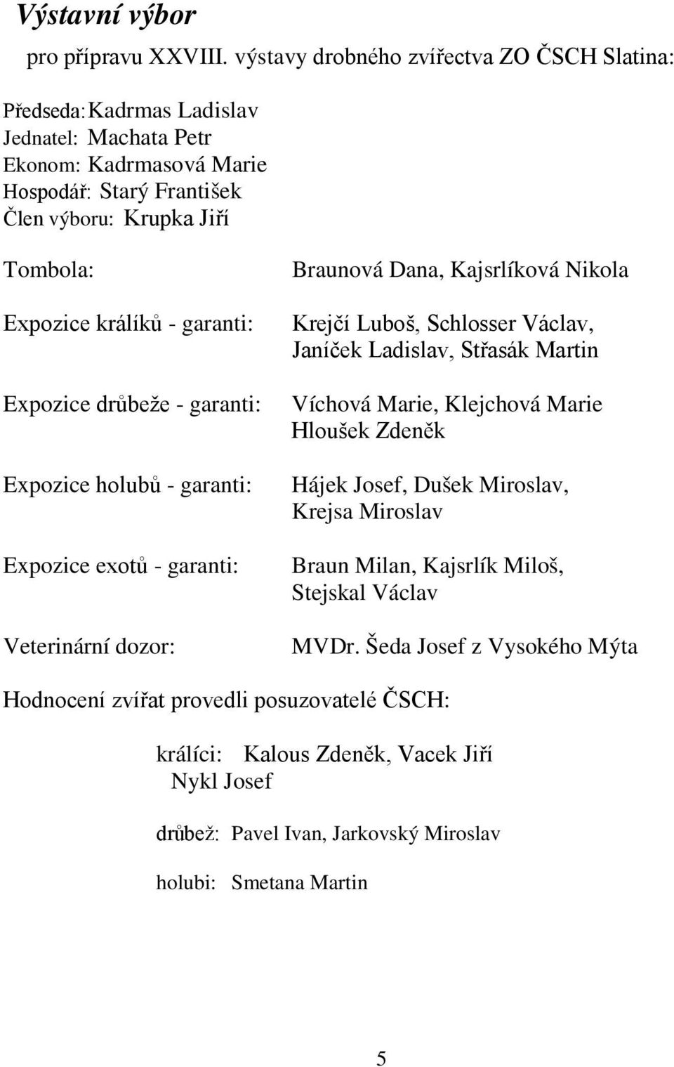 králíků - garanti: Expozice drůbeže - garanti: Expozice holubů - garanti: Expozice exotů - garanti: Veterinární dozor: Braunová Dana, Kajsrlíková Nikola Krejčí Luboš, Schlosser Václav,