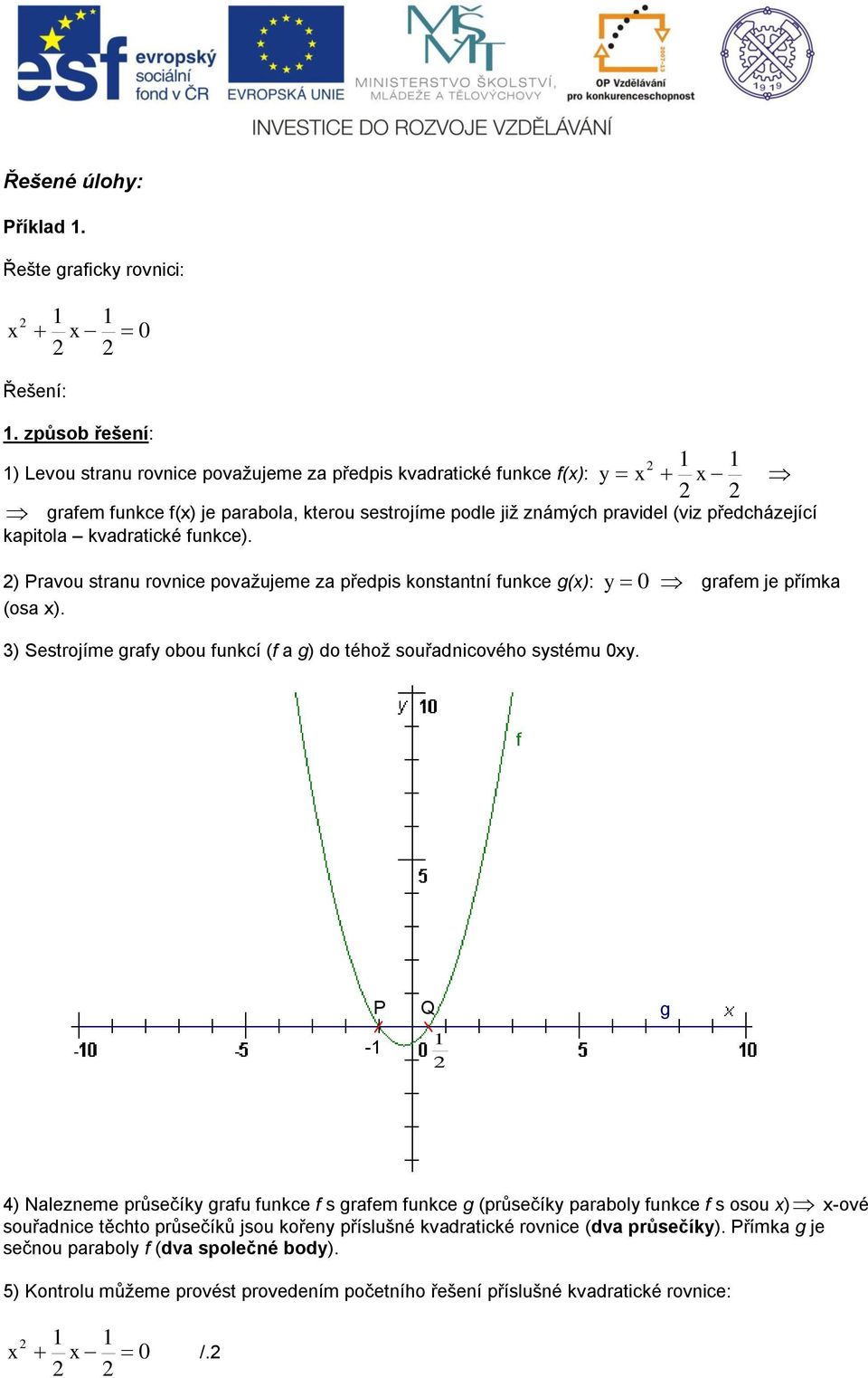 kvadratické funkce). ) Pravou stranu rovnice považujeme za předpis konstantní funkce g(): y 0 grafem je přímka (osa ). ) Sestrojíme grafy obou funkcí (f a g) do téhož souřadnicového systému 0y.