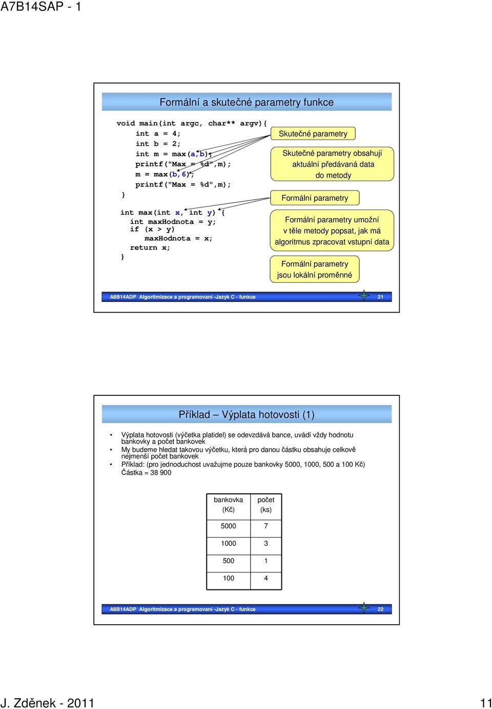 popsat, jak má algoritmus zpracovat vstupní data Formální parametry jsou lokální proměnné A8B14ADP Algoritmizace a programovaní -Jazyk C - funkce 21 Příklad Výplata hotovosti (1) Výplata hotovosti