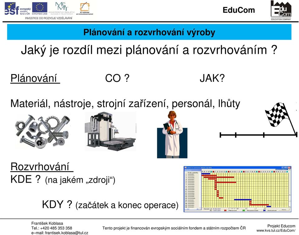 Materiál, nástroje, strojní zařízení, personál, lhůty