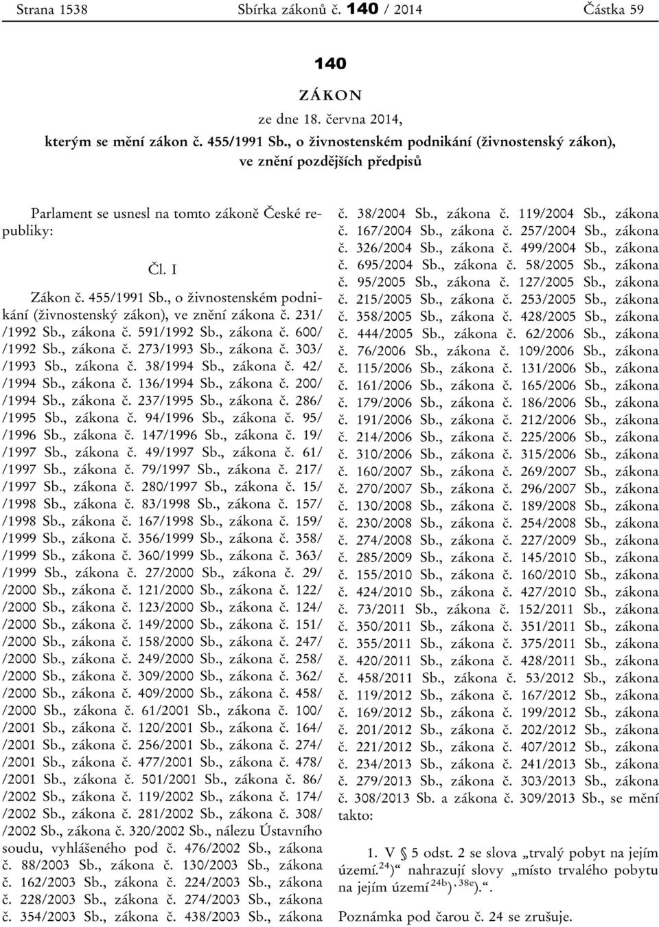 , o živnostenském podnikání (živnostenský zákon), ve znění zákona č. 231/ /1992 Sb., zákona č. 591/1992 Sb., zákona č. 600/ /1992 Sb., zákona č. 273/1993 Sb., zákona č. 303/ /1993 Sb., zákona č. 38/1994 Sb.