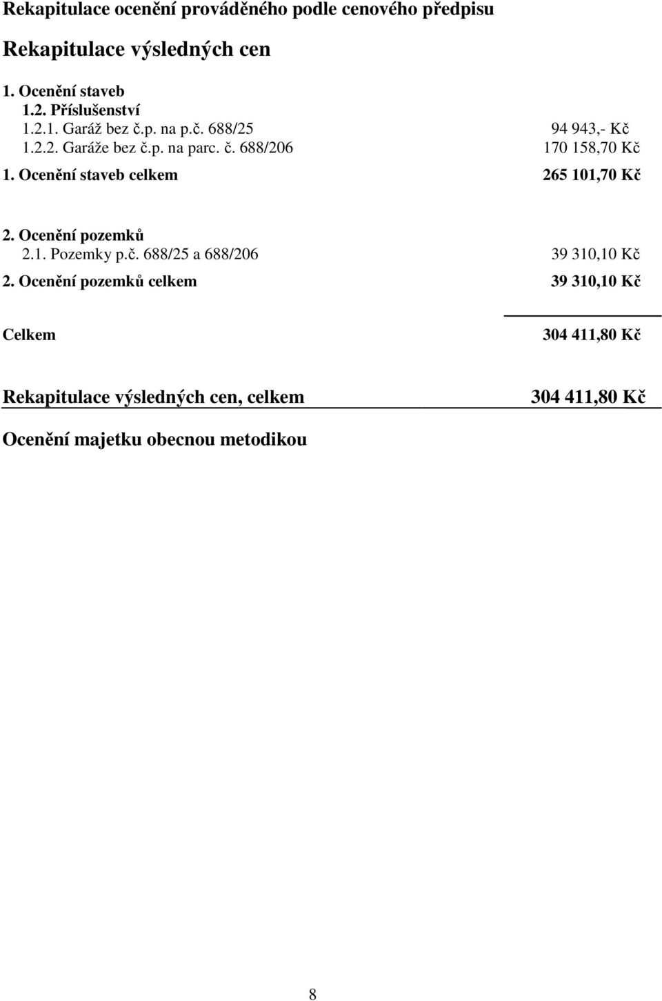 Ocenění staveb celkem 265 101,70 Kč 2. Ocenění pozemků 2.1. Pozemky p.č. 688/25 a 688/206 39 310,10 Kč 2.