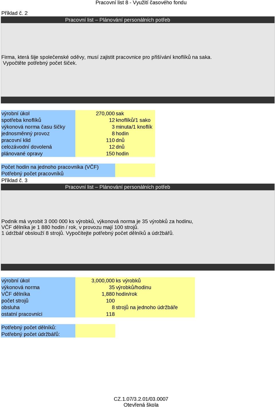 Potřebný počet pracovníků Příklad č. 3 Podnik má vyrobit 3 000 000 ks výrobků, výkonová norma je 35 výrobků za hodinu, VČF dělníka je 1 880 hodin / rok, v provozu mají 100 strojů.