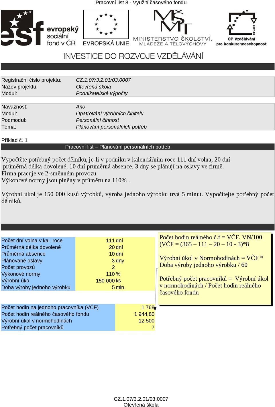 průměrná délka dovolené, 10 dní průměrná absence, 3 dny se plánují na oslavy ve firmě. Firma pracuje ve 2-směnném provozu. Výkonové normy jsou plněny v průměru na 110%.