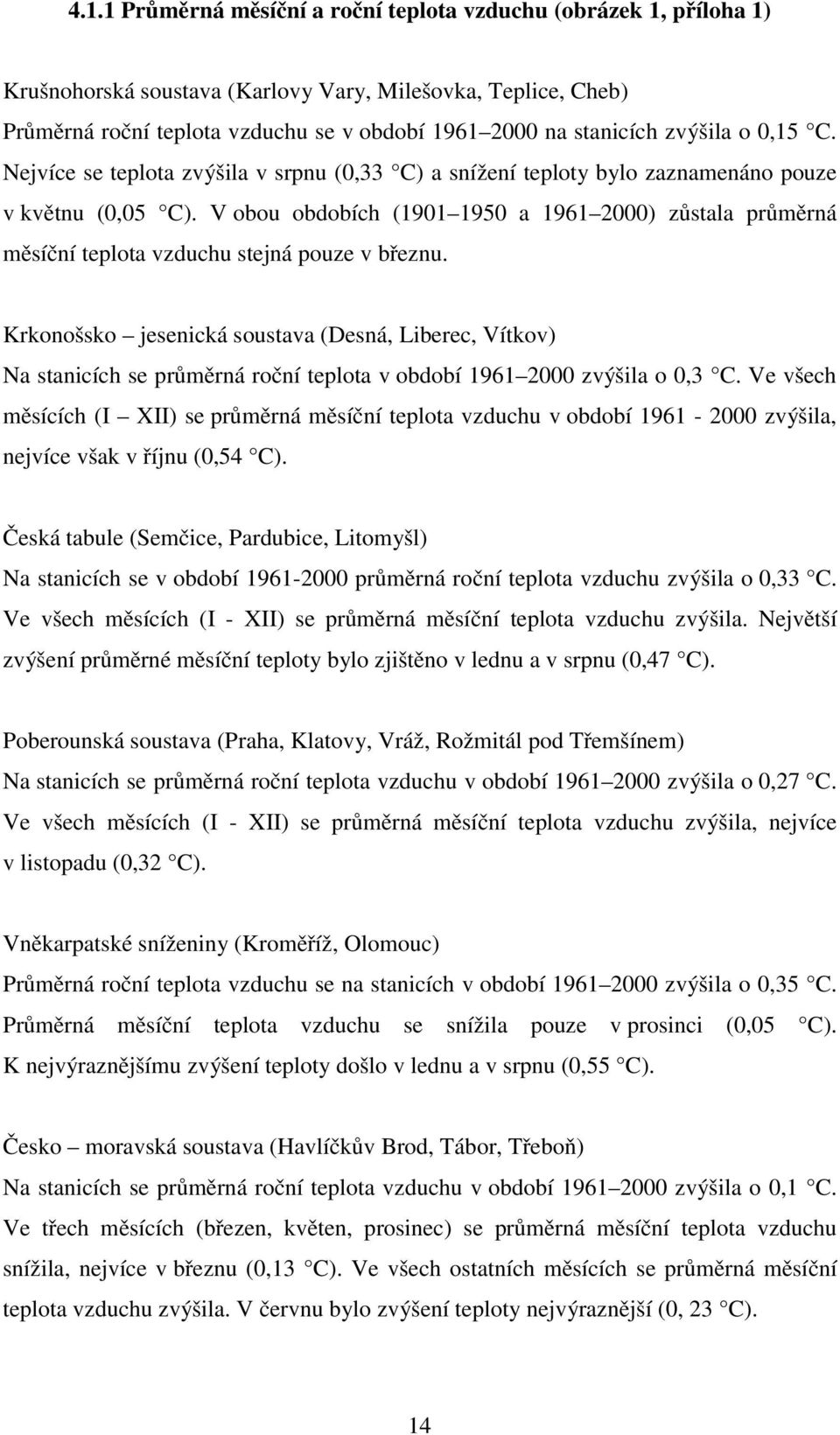 V obou obdobích (1901 1950 a 1961 2000) zůstala průměrná měsíční teplota vzduchu stejná pouze v březnu.