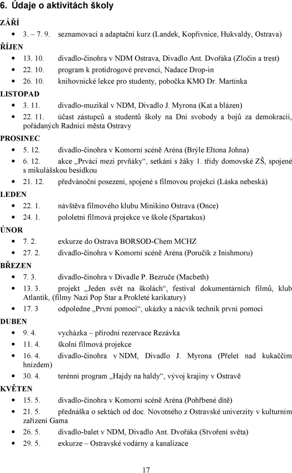 divadlo-muzikál v NDM, Divadlo J. Myrona (Kat a blázen) 22. 11. účast zástupců a studentů školy na Dni svobody a bojů za demokracii, pořádaných Radnicí města Ostravy PROSINEC 5. 12.