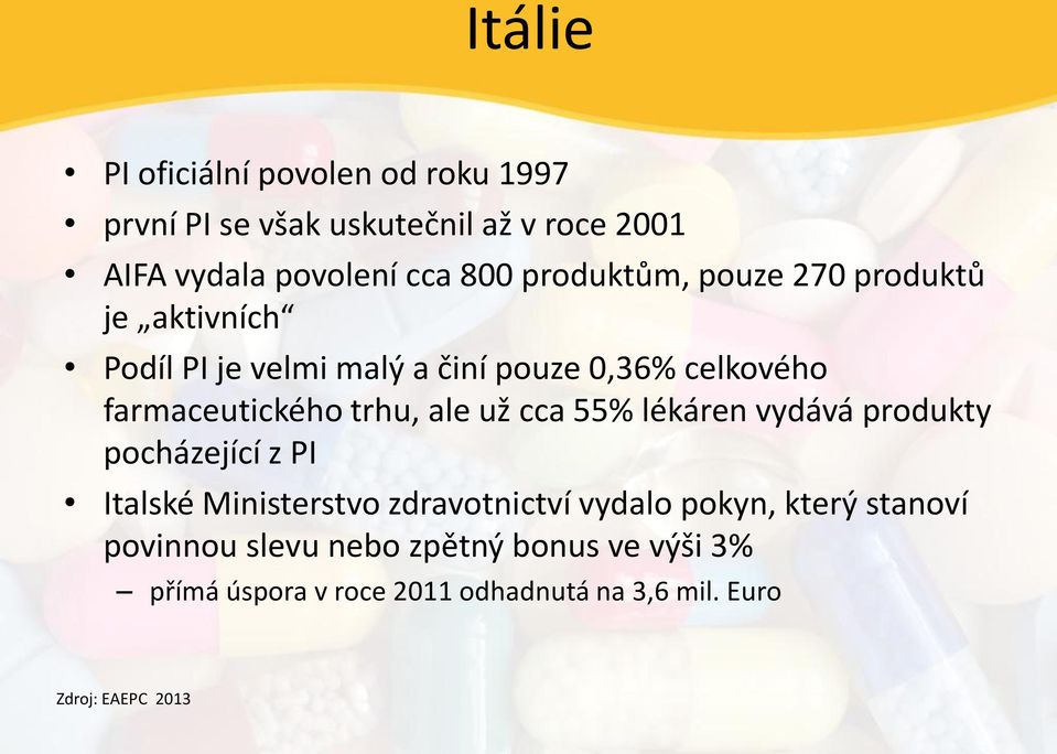 trhu, ale už cca 55% lékáren vydává produkty pocházející z PI Italské Ministerstvo zdravotnictví vydalo pokyn,