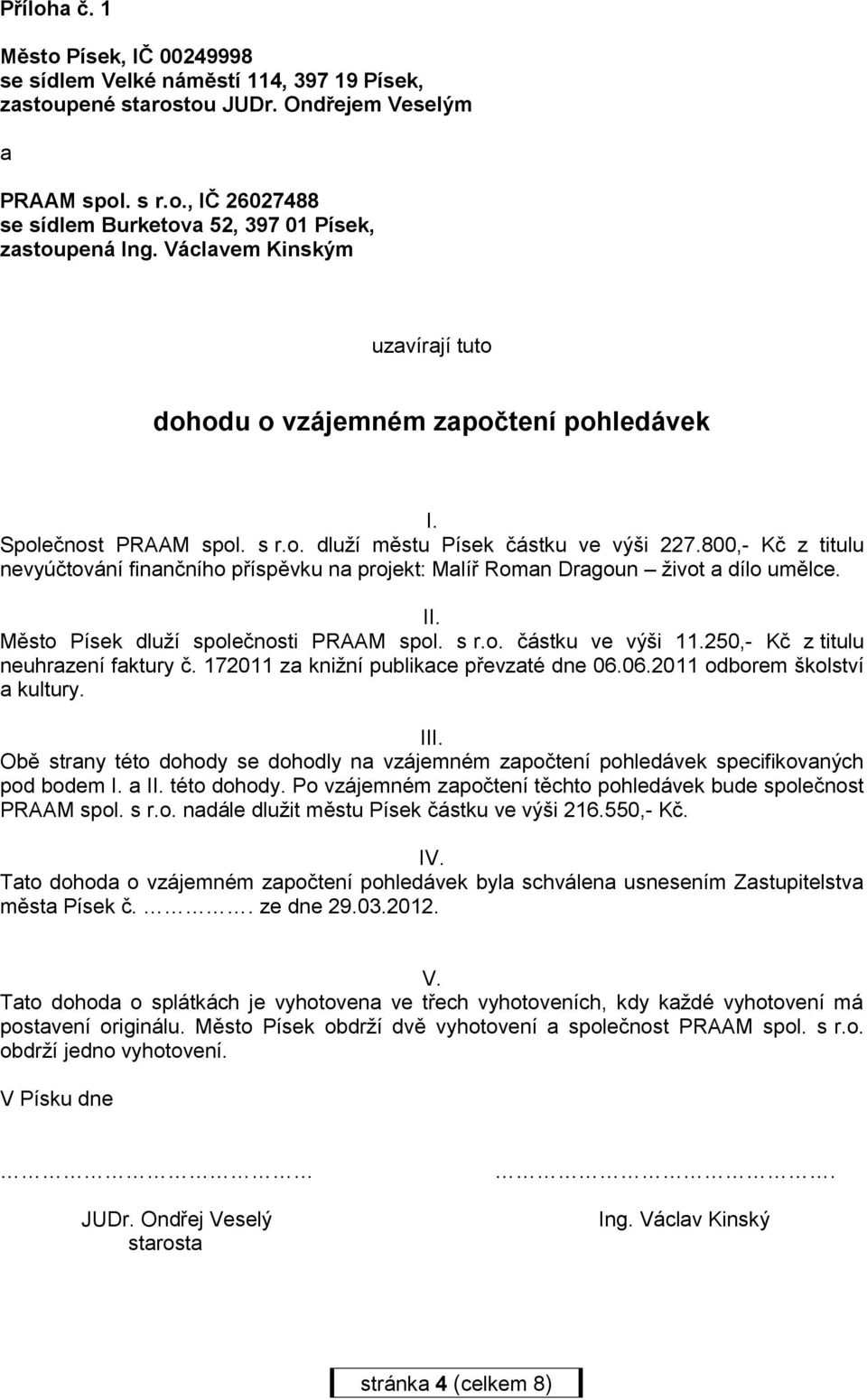 800,- Kč z titulu nevyúčtování finančního příspěvku na projekt: Malíř Roman Dragoun život a dílo umělce. II. Město Písek dluží společnosti PRAAM spol. s r.o. částku ve výši 11.