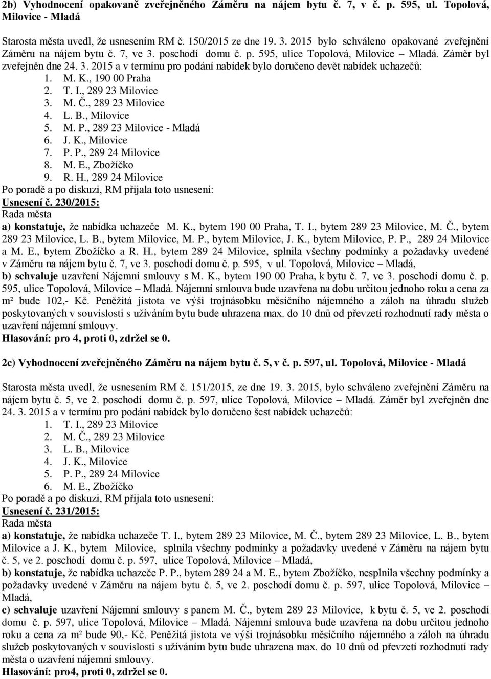 M. K., 190 00 Praha 2. T. I., 289 23 Milovice 3. M. Č., 289 23 Milovice 4. L. B., Milovice 5. M. P., 289 23 Milovice - Mladá 6. J. K., Milovice 7. P. P., 289 24 Milovice 8. M. E., Zbožíčko 9. R. H.