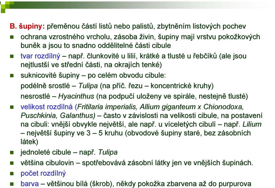 člunkovité u lilií, krátké a tlusté u řebčíků (ale jsou nejtlustší ve střední části, na okrajích tenké) suknicovité šupiny po celém obvodu cibule: podélně srostlé Tulipa (na příč.