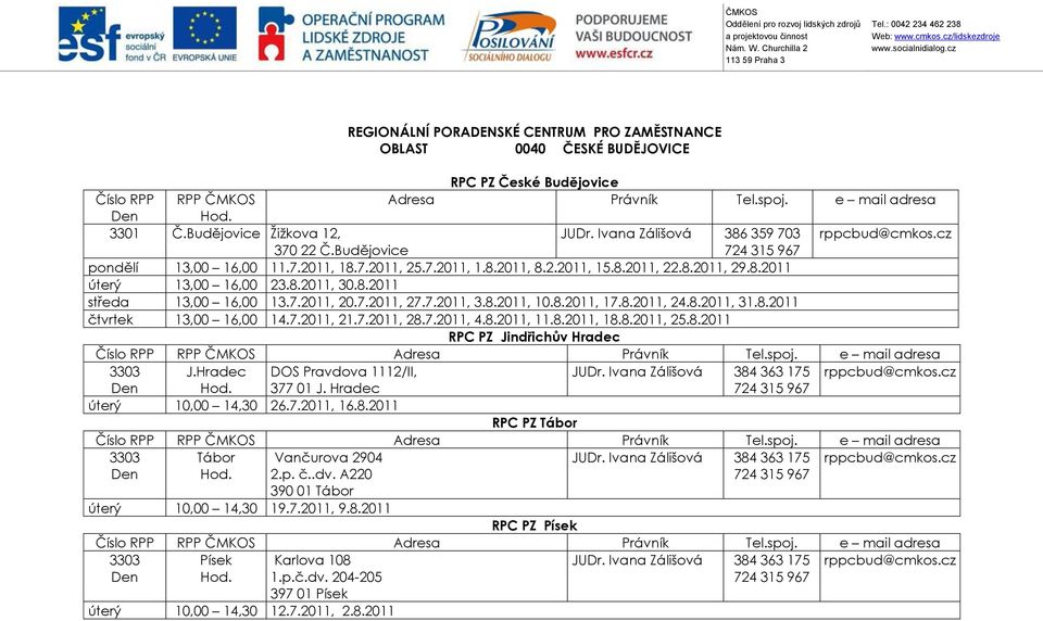 7.2011, 20.7.2011, 27.7.2011, 3.8.2011, 10.8.2011, 17.8.2011, 24.8.2011, 31.8.2011 čtvrtek 13,00 16,00 14.7.2011, 21.7.2011, 28.7.2011, 4.8.2011, 11.8.2011, 18.8.2011, 25.8.2011 RPC PZ Jindřichův Hradec 3303 J.