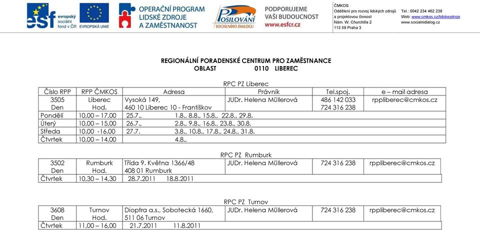 00-16.00 27.7. 3.8., 10.8., 17.8., 24.8., 31.8. Čtvrtek 10,00 14,00 4.8., 3502 Rumburk Třída 9. Května 1366/48 408 01 Rumburk Čtvrtek 10,30 14,30 28.7.2011 18.8.2011 RPC PZ Rumburk JUDr.