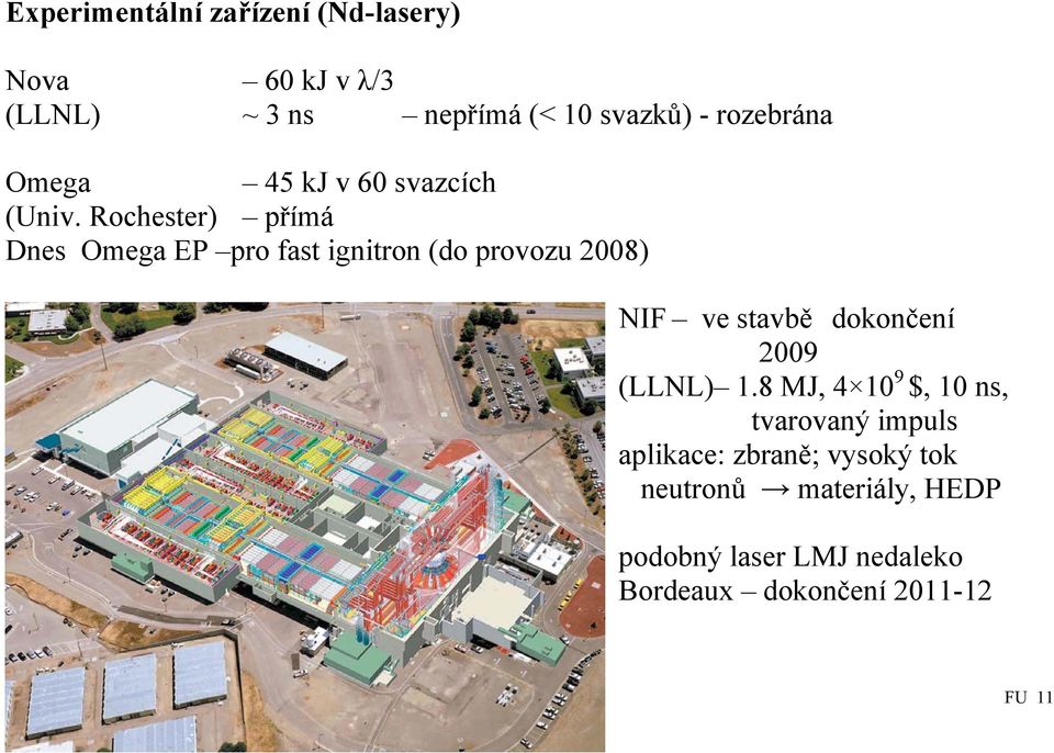 Rochester) přímá Dnes Omega EP pro fast ignitron (do provozu 2008) NIF ve stavbě dokončení 2009