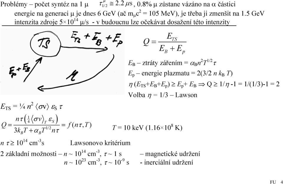 1/2 τ E p energie plazmatu = 2(3/2 n k B T) η (E TS +E B +E p ) E p + E B Q 1/η -1 = 1/(1/3)-1 = 2 Volba η = 1/3 Lawson n T Q = τ σ ε f ( nτ, T) 1/2 3kT+ α T nτ = T = 10