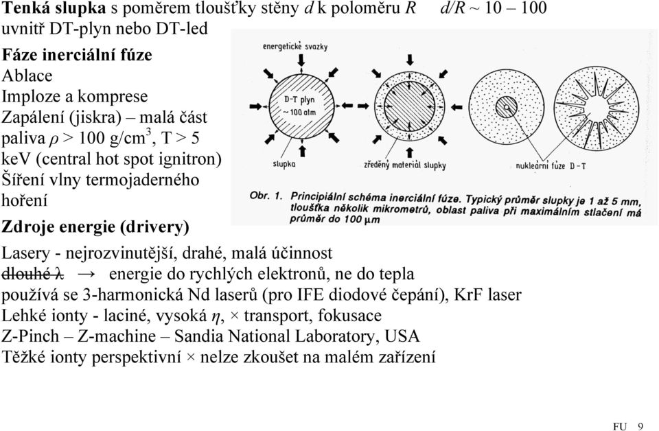 nejrozvinutější, drahé, malá účinnost dlouhé λ energie do rychlých elektronů, ne do tepla používá se 3-harmonická Nd laserů (pro IFE diodové čepání), KrF