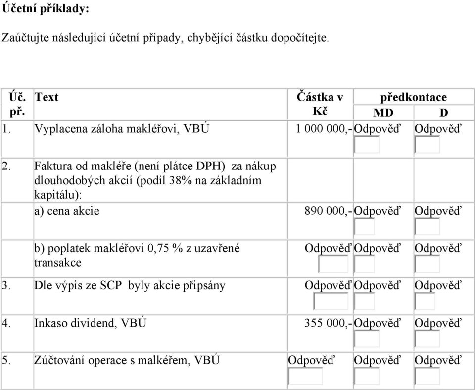 Faktura od makléře (není plátce DPH) za nákup dlouhodobých akcií (podíl 38% na základním kapitálu): a) cena akcie