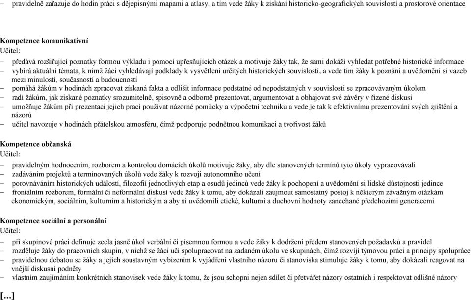 určitých historických souvislostí, a vede tím ţáky k poznání a uvědomění si vazeb mezi minulostí, současností a budoucností pomáhá ţákům v hodinách zpracovat získaná fakta a odlišit informace