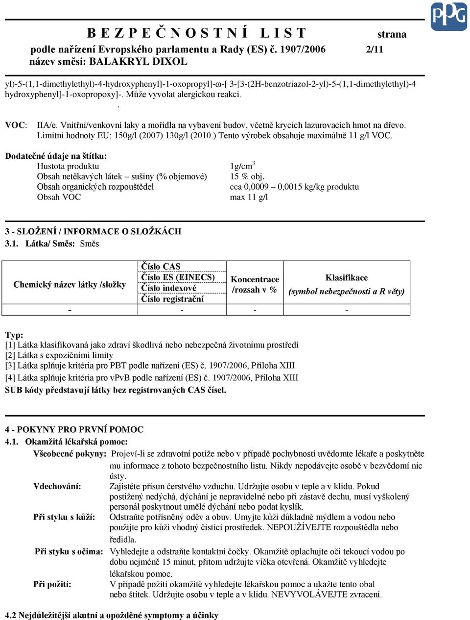 . VOC: IIA/e. Vnitřní/venkovní laky a mořidla na vybavení budov, včetně krycích lazurovacích hmot na dřevo. Limitní hodnoty EU: 150g/l (2007) 130g/l (2010.