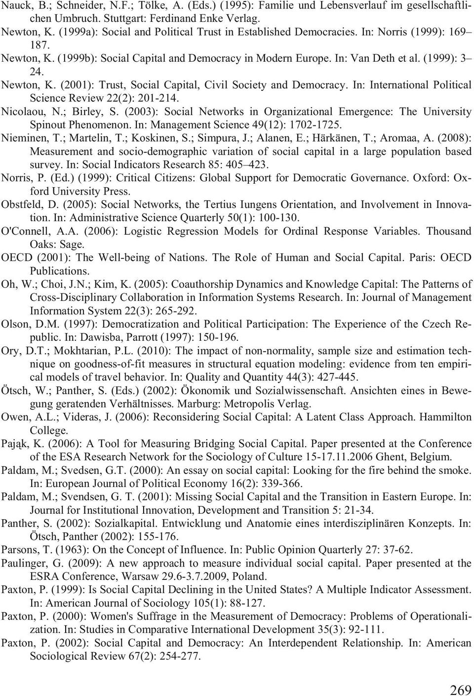 Newton, K. (2001): Trust, Social Capital, Civil Society and Democracy. In: International Political Science Review 22(2): 201-214. Nicolaou, N.; Birley, S.