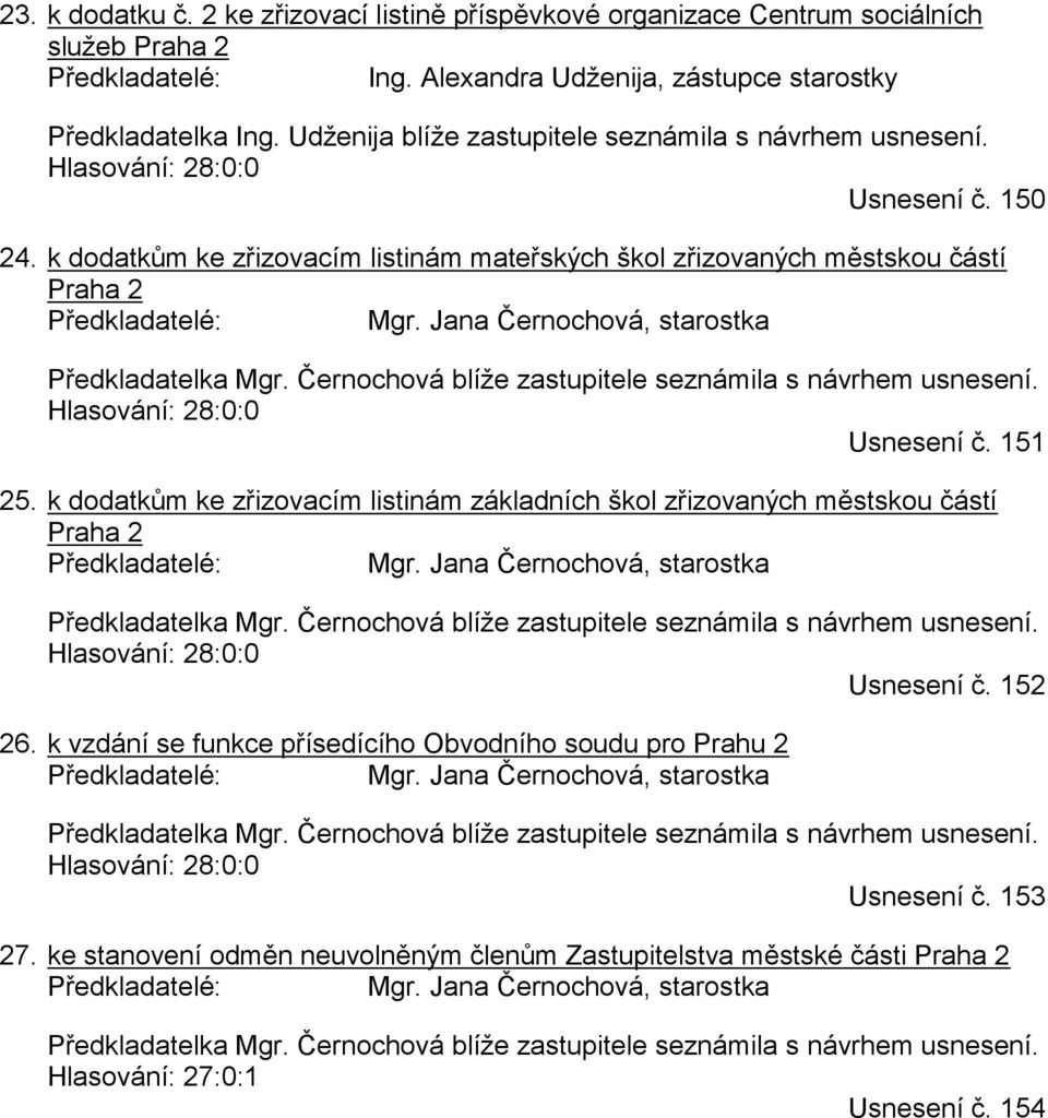 Jana Černochová, starostka Předkladatelka Mgr. Černochová blíže zastupitele seznámila s návrhem usnesení. Hlasování: 28:0:0 Usnesení č. 151 25.