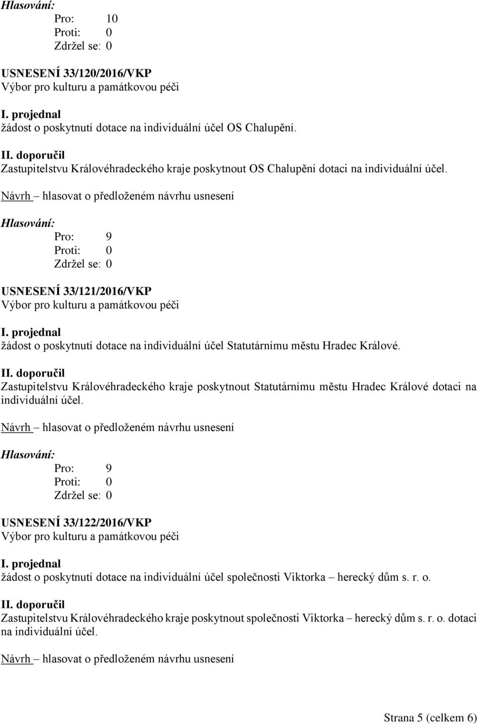 USNESENÍ 33/121/2016/VKP žádost o poskytnutí dotace na individuální účel Statutárnímu městu Hradec Králové.