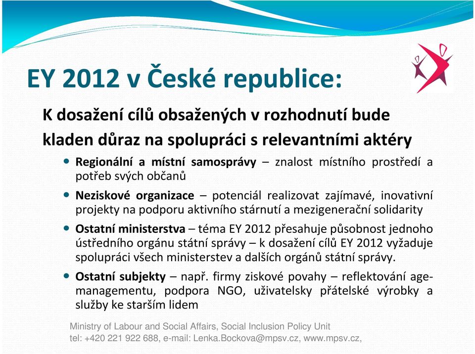 solidarity Ostatníministerstva téma EY 2012 přesahuje působnost jednoho ústředního orgánu státní správy k dosažení cílů EY 2012 vyžaduje spolupráci všech