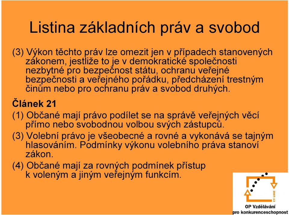 Článek 21 (1) Občané mají právo podílet se na správě veřejných věcí přímo nebo svobodnou volbou svých zástupců.