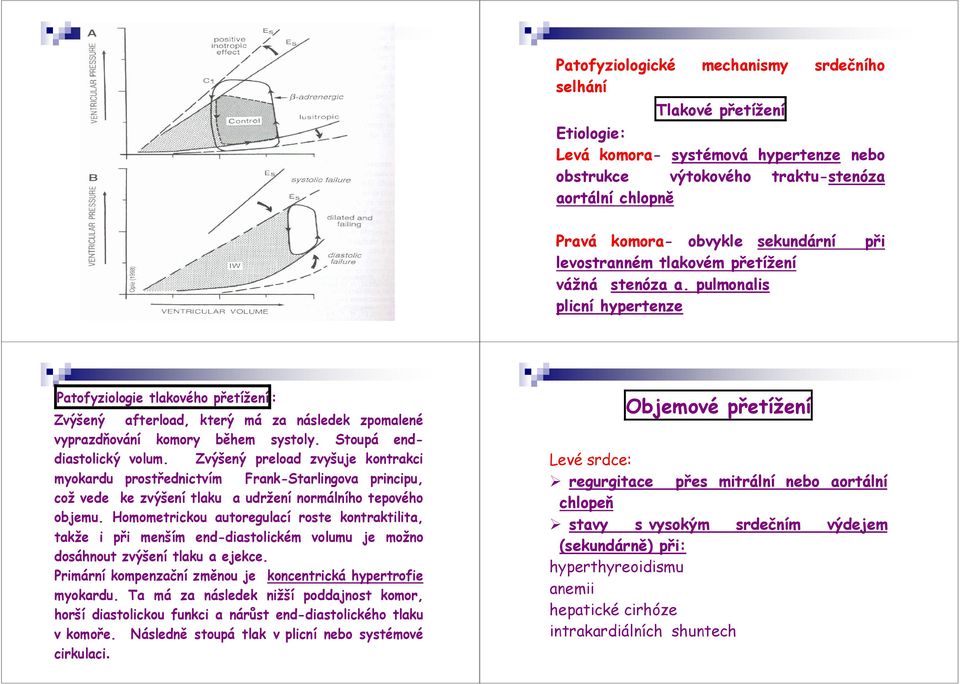 pulmonalis plicní hypertenze Patofyziologie tlakového přetížení : Zvýšený afterload, který má za následek zpomalené vyprazdňování komory během systoly. Stoupá enddiastolický volum.