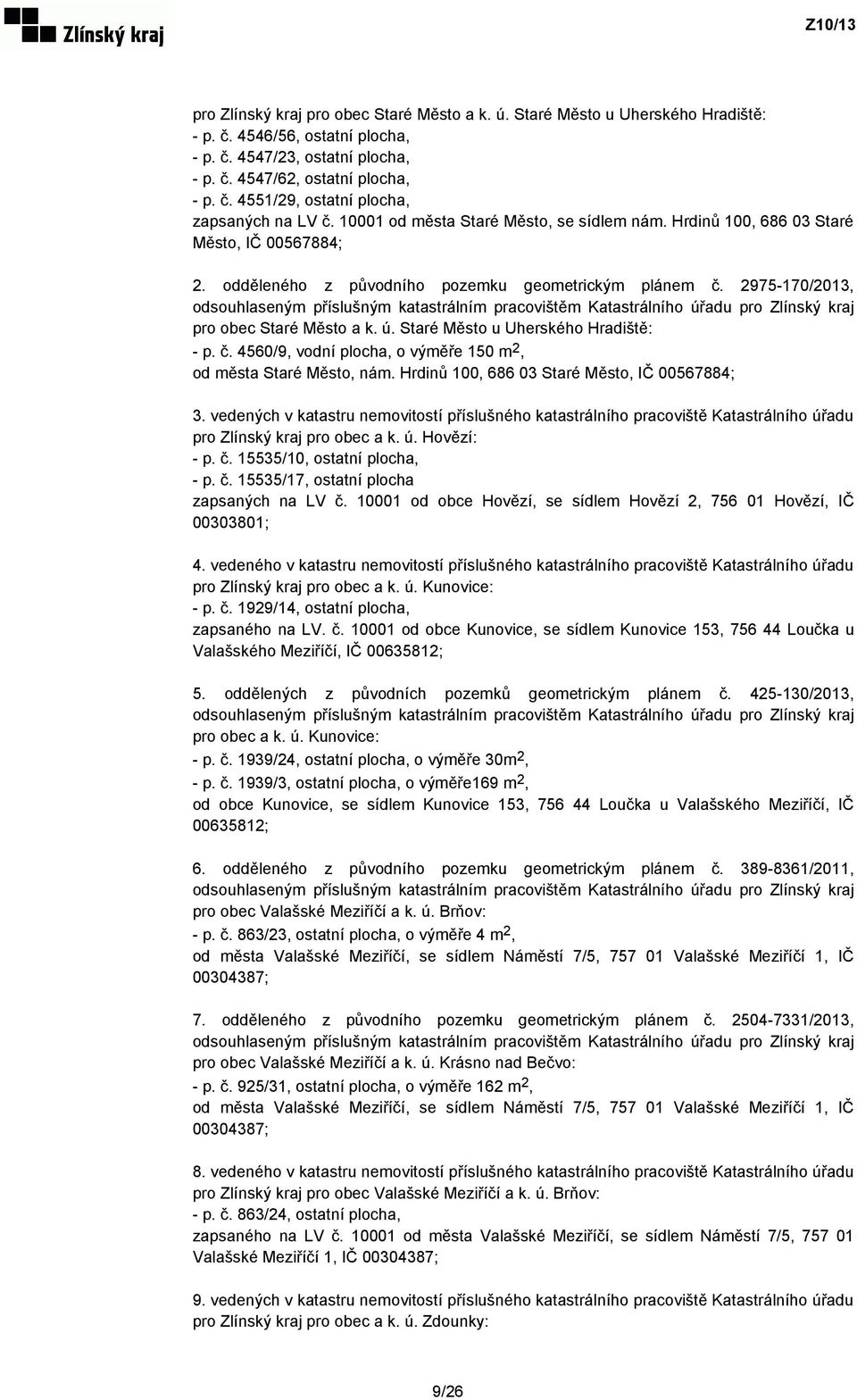 2975-170/2013, odsouhlaseným příslušným katastrálním pracovištěm Katastrálního úřadu pro Zlínský kraj pro obec Staré Město a k. ú. Staré Město u Uherského Hradiště: - p. č.