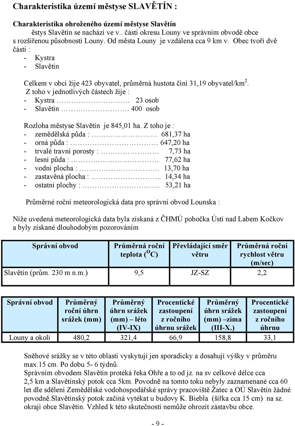 Z toho v jednotlivých částech žije : - Kystra 23 osob - Slavětín. 400 osob Rozloha městyse Slavětín je 845,01 ha.