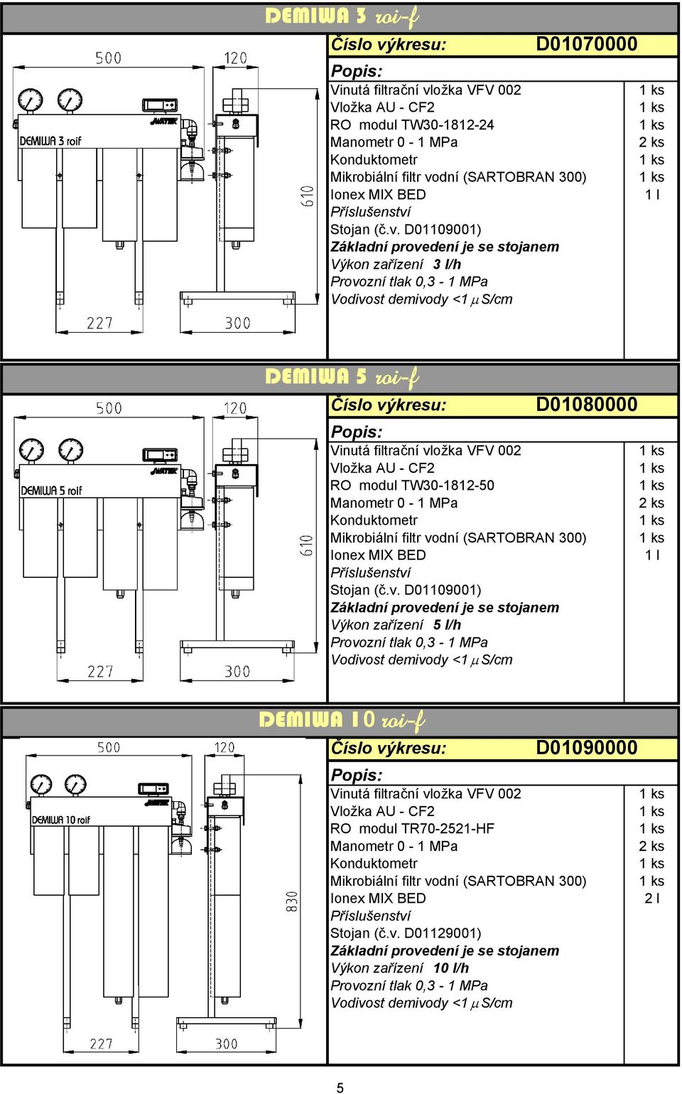 MPa Výkon zařízení 5 l/h Provozní tlak 0,3 1 MPa DEMIWA 10 roif D01090000 Vložka AU CF2 RO modul