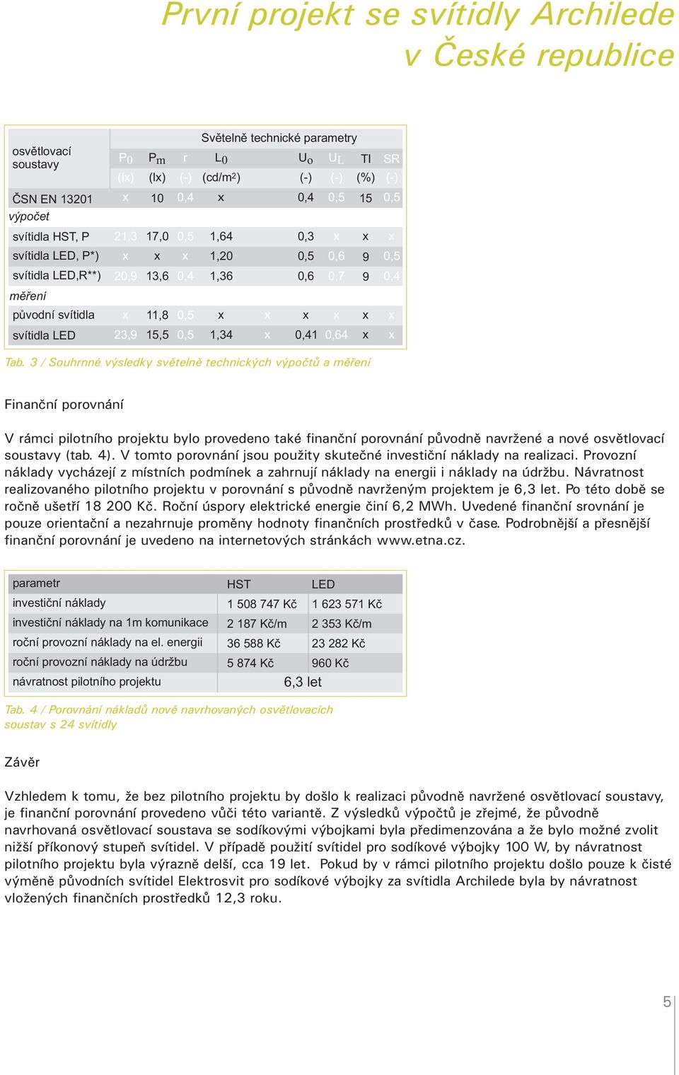3 / Souhrnné výsledky světelně technických výpočtů a měření Finanční porovnání V rámci pilotního projektu bylo provedeno také finanční porovnání původně navržené a nové osvětlovací soustavy (tab. 4).