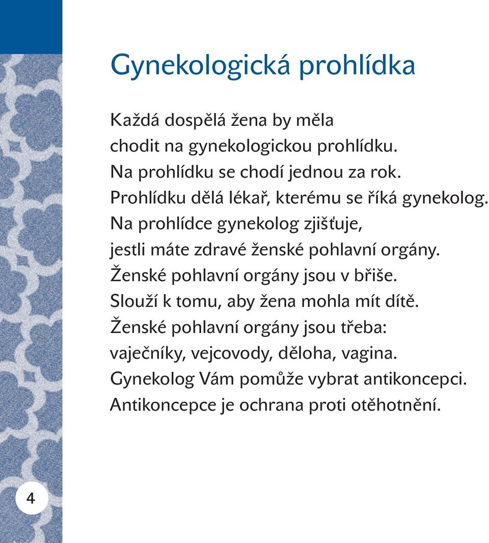 Na prohlídce gynekolog zjišťuje, jestli máte zdravé ženské pohlavní orgány. Ženské pohlavní orgány jsou v břiše.