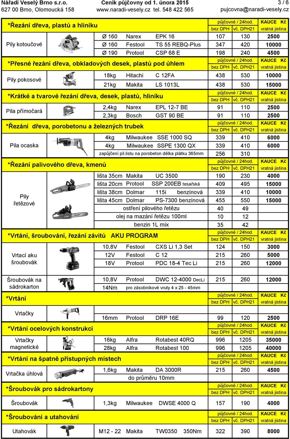 2500 Ø 160 Festool TS 55 REBQ-Plus 347 420 10000 Ø 190 Protool CSP 68 E 198 240 4500 18kg Hitachi C 12FA 438 530 10000 21kg Makita LS 1013L 438 530 15000 2,4kg Narex EPL 12-7 BE 91 110 2500 2,3kg