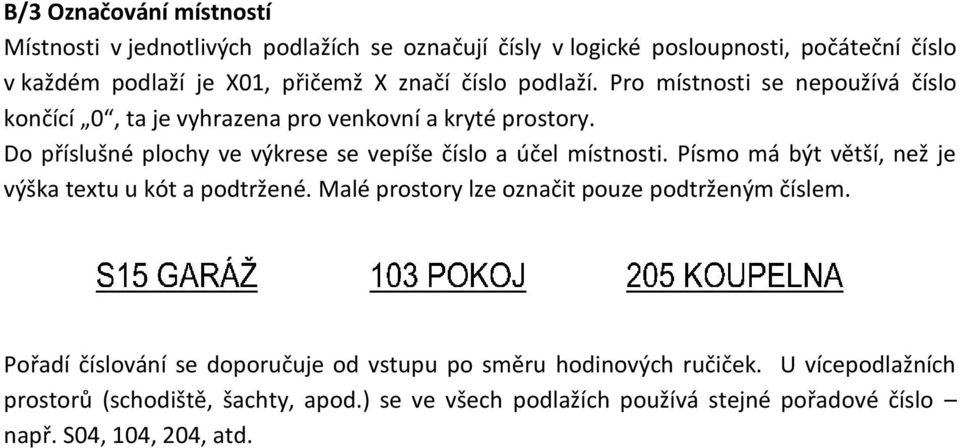 Do příslušné plochy ve výkrese se vepíše číslo a účel místnosti. Písmo má být větší, než je výška textu u kót a podtržené.