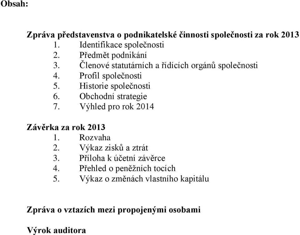 Obchodní strategie 7. Výhled pro rok 2014 Závěrka za rok 2013 1. Rozvaha 2. Výkaz zisků a ztrát 3.