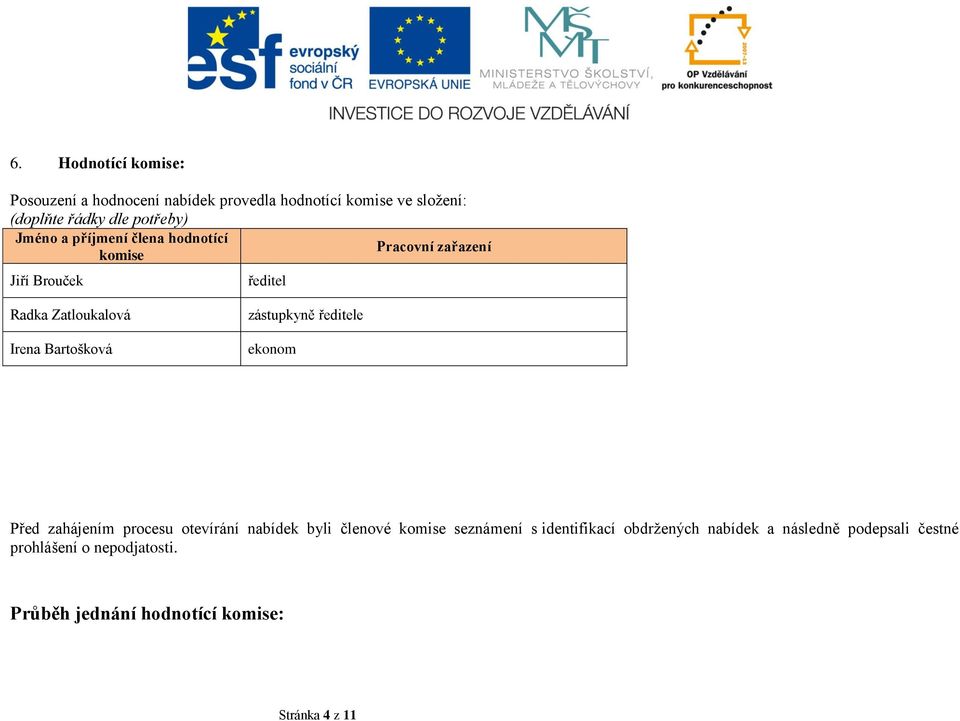 zástupkyně ředitele ekonom Před zahájením procesu otevírání nabídek byli členové komise seznámení s identifikací