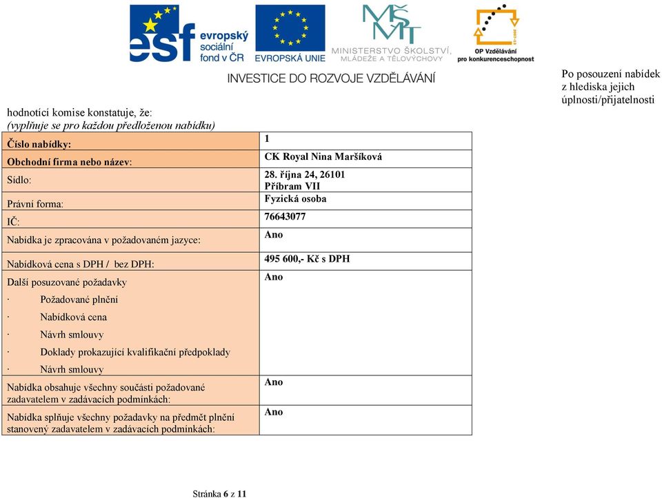 Nabídka obsahuje všechny součásti požadované zadavatelem v zadávacích podmínkách: Nabídka splňuje všechny požadavky na předmět plnění stanovený zadavatelem v zadávacích