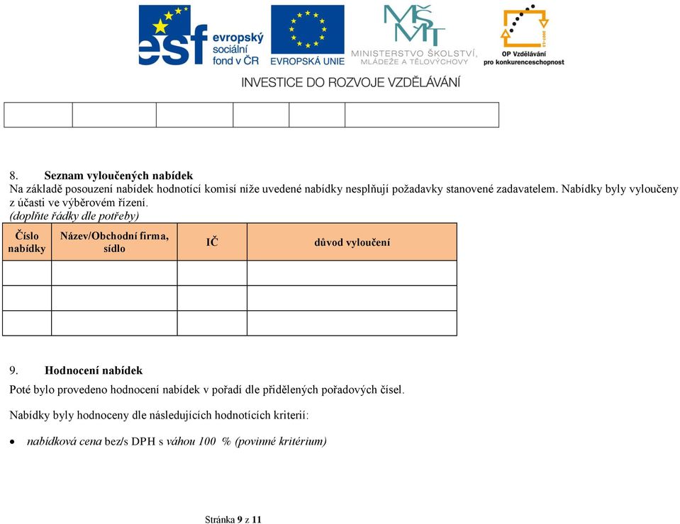 (doplňte řádky dle potřeby) Číslo Název/Obchodní firma, sídlo IČ důvod vyloučení 9.