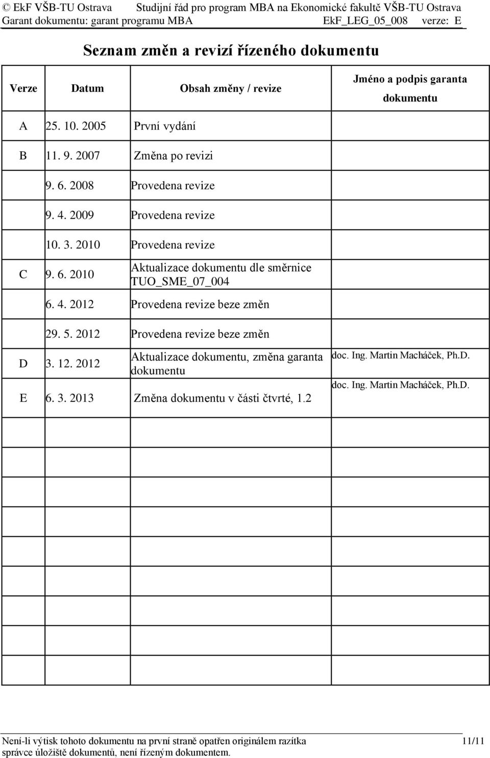 4. 2012 Provedena revize beze změn 29. 5. 2012 Provedena revize beze změn D 3. 12. 2012 Aktualizace dokumentu, změna garanta dokumentu E 6. 3. 2013 Změna dokumentu v části čtvrté, 1.