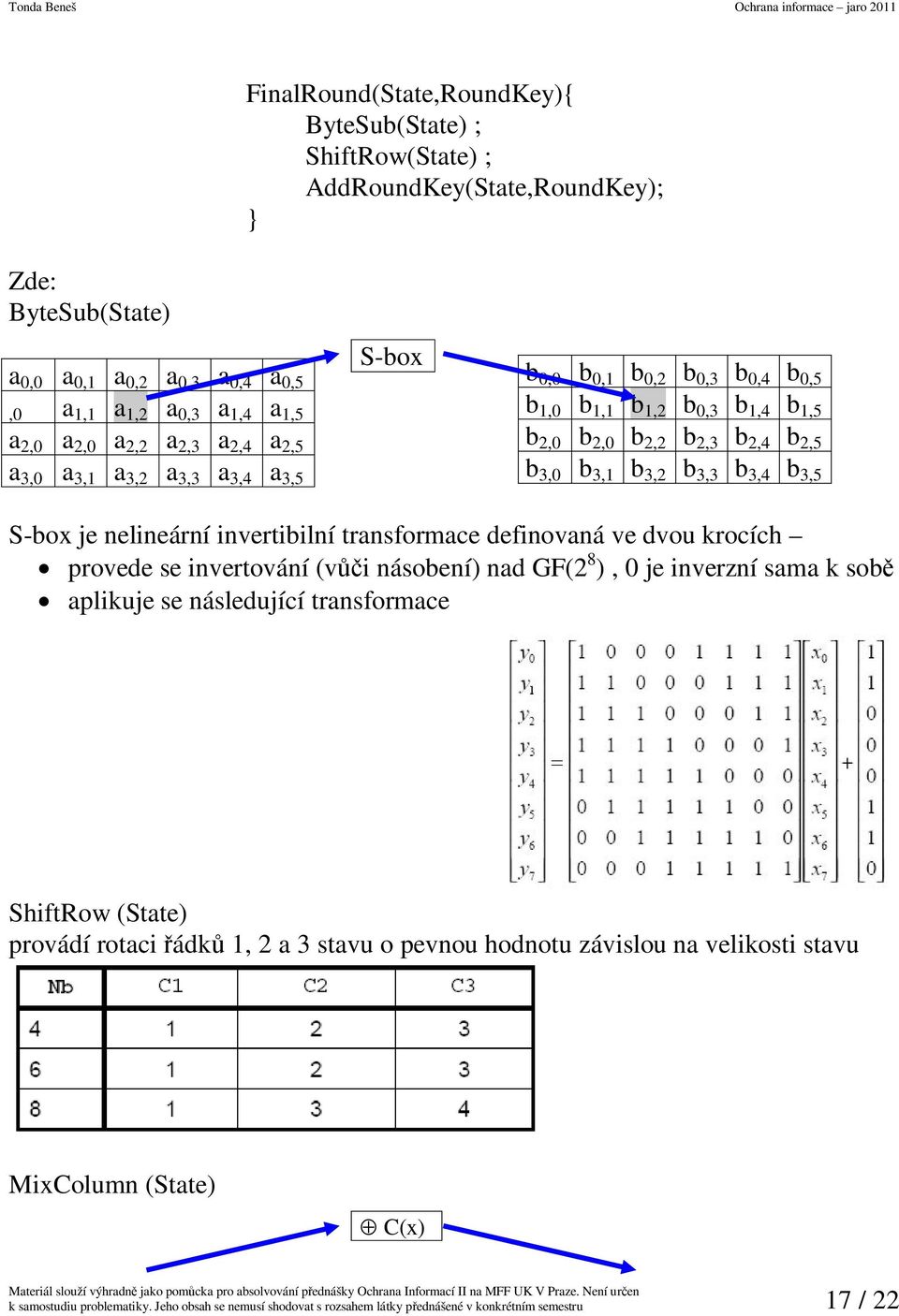 3,5 S-box je nelineární invertibilní transformace definovaná ve dvou krocích provede se invertování (vi násobení) nad GF(2 8 ), 0 je inverzní sama k sob aplikuje se následující transformace ShiftRow