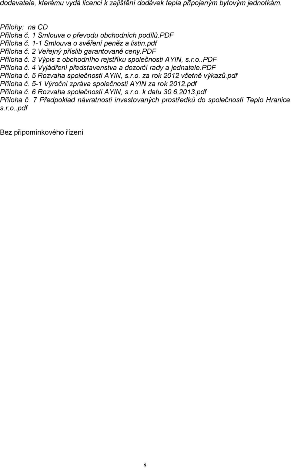 pdf Příloha č. 5 Rozvaha společnosti AYIN, s.r.o. za rok 2012 včetně výkazů.pdf Příloha č. 5-1 Výroční zpráva společnosti AYIN za rok 2012.pdf Příloha č. 6 Rozvaha společnosti AYIN, s.