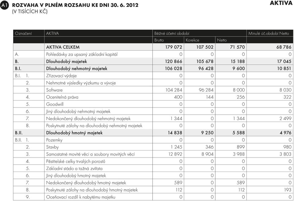 I. 1. Zřizovací výdaje 0 0 0 0 2. Nehmotné výsledky výzkumu a vývoje 0 0 0 0 3. Software 104 284 96 284 8 000 8 030 4. Ocenitelná práva 400 144 256 322 5. Goodwill 0 0 0 0 6.