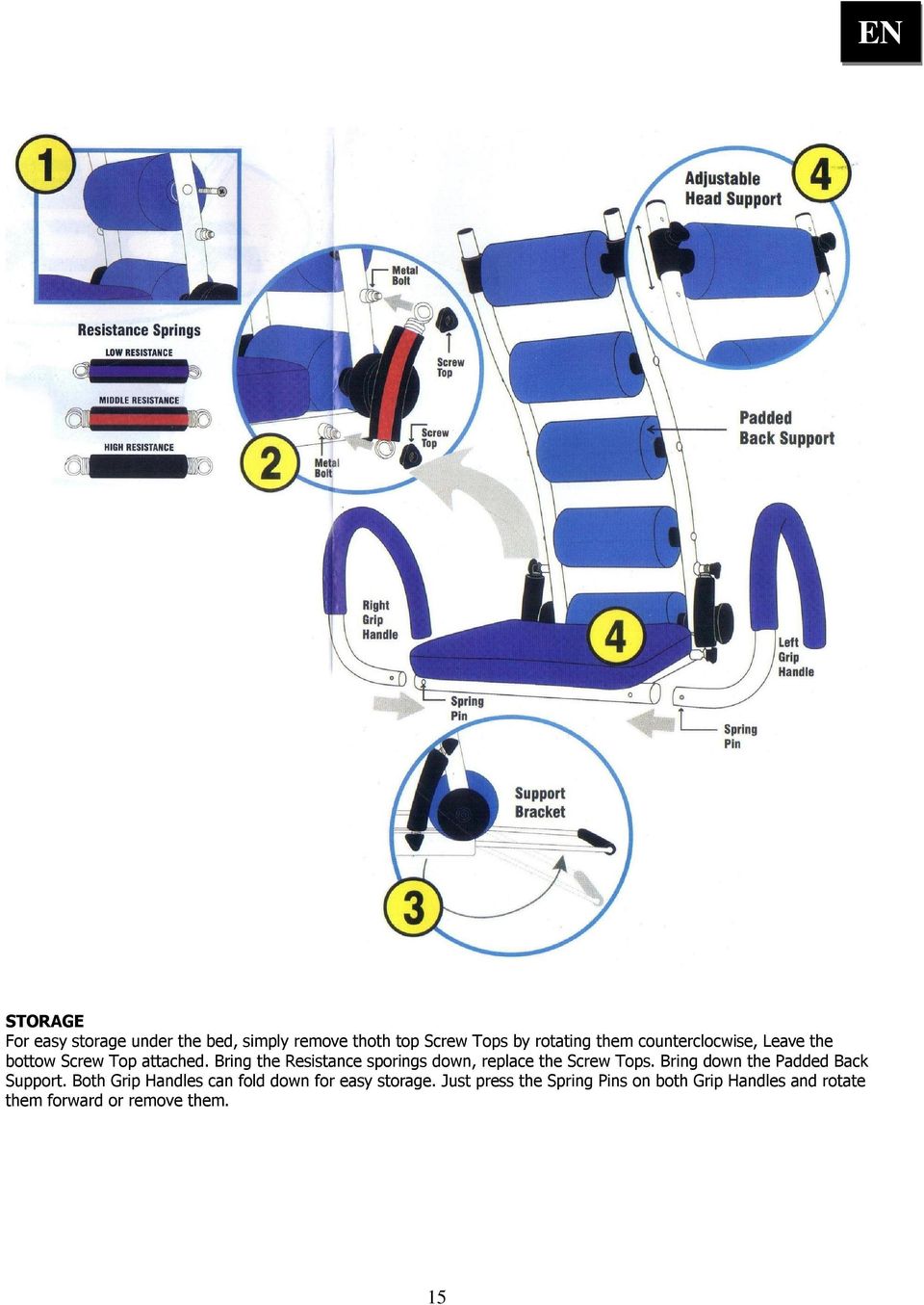 Bring the Resistance sporings down, replace the Screw Tops. Bring down the Padded Back Support.