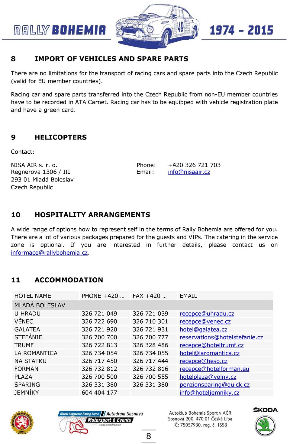 Racing car has to be equipped with vehicle registration plate and have a green card. 9 HELICOPTERS Contact: NISA AIR s. r. o. Phone: +420 326 721 703 Regnerova 1306 / III Email: info@nisaair.