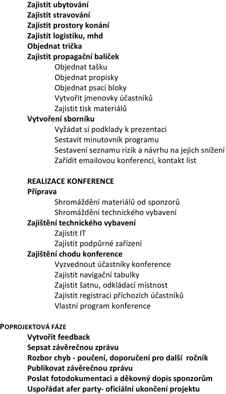 konferenci, kontakt list REALIZACE KONFERENCE Příprava Shromáždění materiálů od sponzorů Shromáždění technického vybavení Zajištění technického vybavení Zajistit IT Zajistit podpůrné zařízení