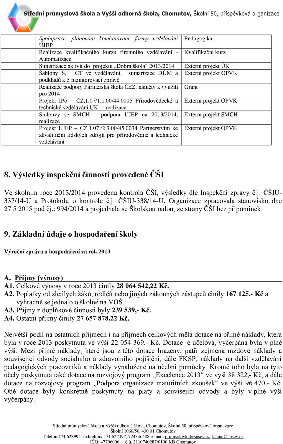 0005 Přírodovědecké a technické vzdělávání ÚK realizace Smlouvy se SMCH podpora UJEP na 2013/2014, realizace Projekt UJEP CZ.1.07./2.3.00/45.